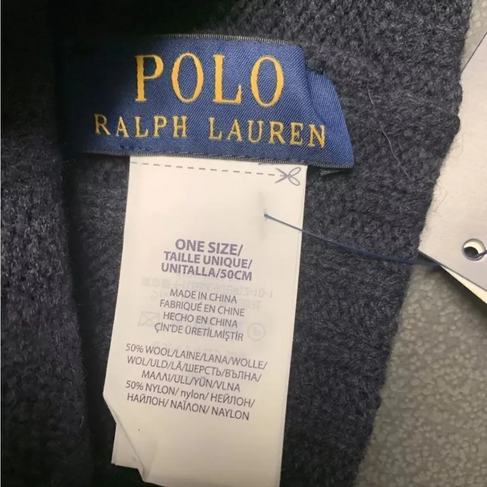 Men’s Polo Ralph Lauren Navy Blue Wool Red Pony Logo Ribbed Cuffed Beanie